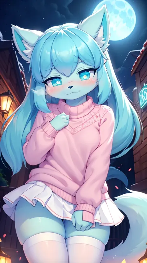 best qualityer,best resolution,(cute furry den :1.3),icing,cyan eyes,glare eyes,neon eyes,glare eyes,medium breasts,Pink sweater,(white skirt),white stockings,Dark blue sky,huge blue moon,hungry face,I wish smile,closed eye,gazing at viewer,full-face blush...