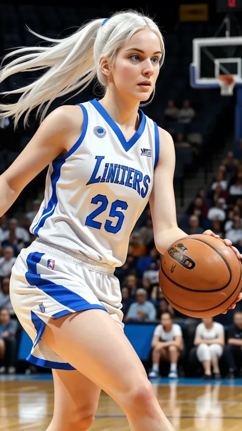 26 year old woman white hair blue eyes and white skin playing basketball 