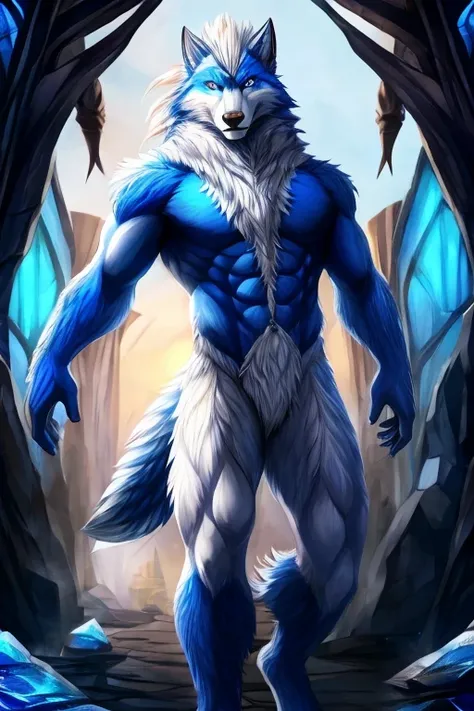 Wolf Man, with white body and fur, big white hair with blue highlights, blue colored eyes, tail parts blue
(complete body)