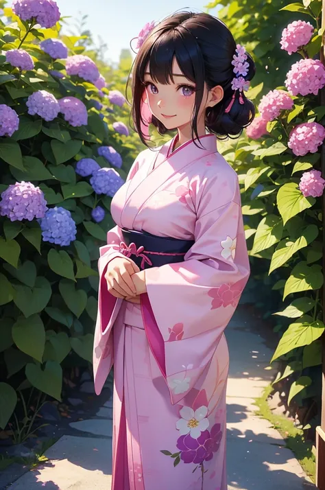 The image shows a beautiful Japanese girl wearing a thin yukata.。She was wearing a soft pink yukata.、The yukata is decorated with cherry blossom patterns.。The belt is bright blue、It creates a beautiful contrast with the pink of the yukata.。

Her hair is bl...