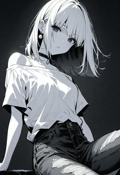 solo, handsome, monochrome,
1. Female,
Hime cut,Straight Hair,Bob Hair, 
BLACKhair, 
Nakano Yotsuba,
BLACK Eyes,Soft look,beautiful,beautiful,Sexy,Darkness,Lots of silver earrings,choker,
White Off Shoulder, White shirt, Short sleeve ,Distressed jeans,
ski...