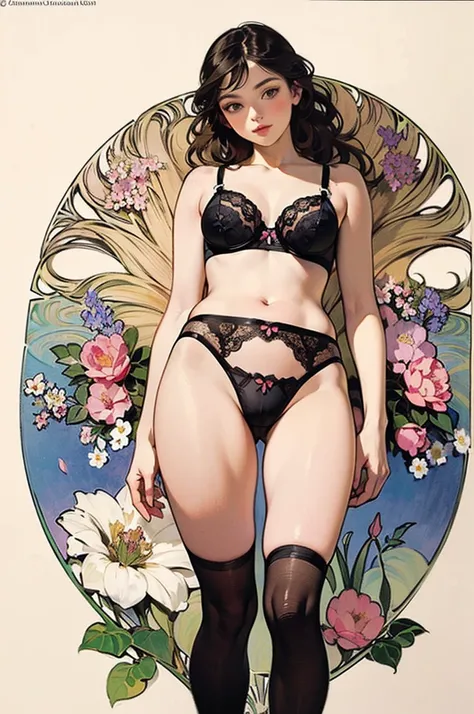 (masterpiece,super high quality),(Ultra-detailed,Perfect drawing),
Botanical Art,Flower Art,Art Deco,((Mucha style)), (Floral:1.2),Vibrant colors,colorful,
Amazing details, Anatomically correct,

alone,girl,(Black underwear: 1.5),

(Shooting from below at ...