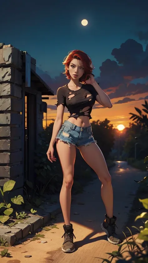 2076 year. N.uh. The Urban Ruins of the Wasteland, Female huntress picking fruit in the garden, beautiful face, torn shirt and denim shorts ,  long legs, sweating through, sun rising, Nice warm colors, head to toe full body shot