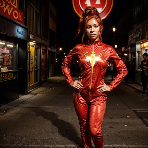 Full body view of a 22 year old bi-racial girl with fiery red hair that is tied into a bun and brown eyes wearing a bright red superhero suit with an emblem of a torch in the center of her suit in the streets of New York City