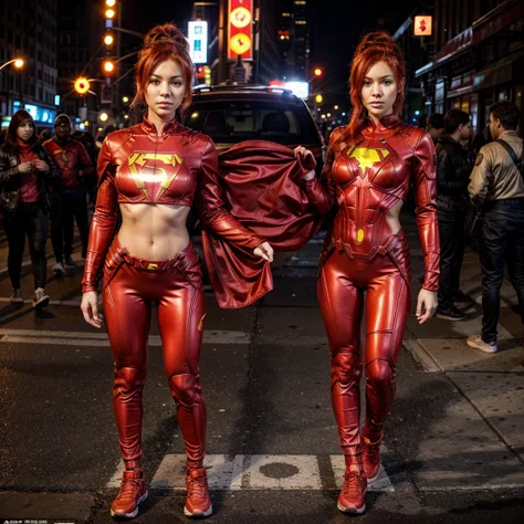 Full body view of a 22 year old bi-racial girl with fiery red hair that is tied into a bun and brown eyes wearing a bright red superhero suit with an emblem of a torch in the center of her suit in the streets of New York City