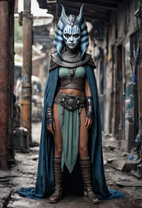 pretty face,eyebrow up,full body length shot,obsidian ahsoka tano,full body length shot,very beggar niobium Manganite The Alien Entity, babychild, wants eat,survival in criminal city of future,full body shot of full body shot of psychedelic style, baggy cl...