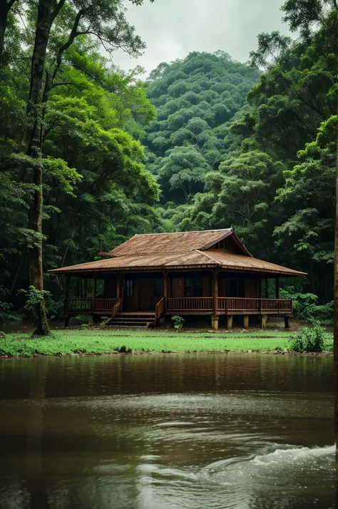 Create a 4k wallpaper, house in the forest, rainy season, inside river, image capture from house