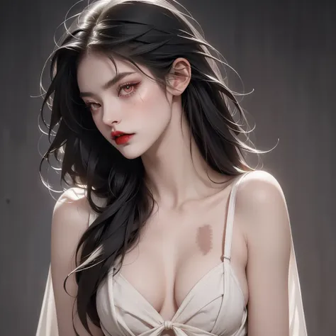 1 vampire girl, better_scar, veins, burn scar, scar on nose, white hair, long choppy hair, blunt bangs, serious, vampire, pale skin, lipstick, lips, red lips, big breasts, eyeliner, bra, fangs ((solo half body portrait) high quality ((HD)) beautiful, sexy