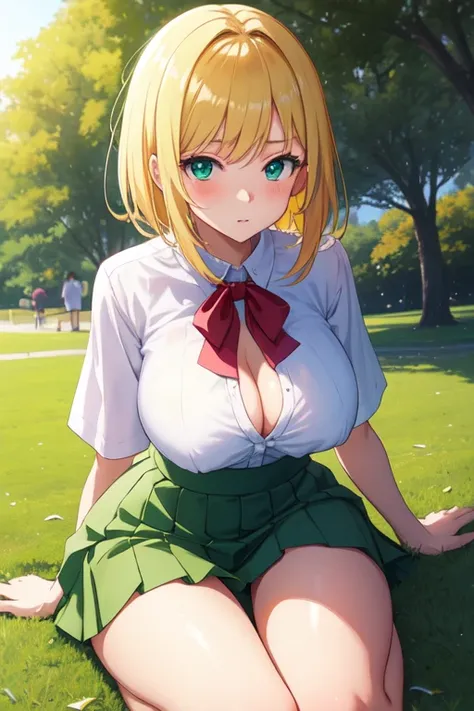 creates a 22-year-old anime girl sitting on the ground with her arms and hands touching her knees wearing a short green skirt and a low-cut white blouse with wide hips and large breasts in a park landscape