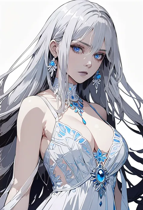 (masterpiece),((Highly detailed long silver hair)),((expressive blue eyes)),(Highly detailed white dress),deep cleavage,serious expression,extremely beautiful woman,pale white skin,silver jewelry,best quality,cel shading,8K ,ultra HD,highly detaild face, h...