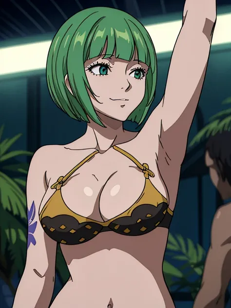 Best quality, masterpiece, ultra high res, 1girl, sexy, in the dark, deep shadow, low key, cold light, milf, green short hair, dynamic light, cinematic lighting, cinematic lighting, down blouse, mature woman, middle parted hair, green light bikini, natural...