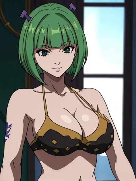 Best quality, masterpiece, ultra high res, 1girl, sexy, in the dark, deep shadow, low key, cold light, milf, green short hair, dynamic light, cinematic lighting, cinematic lighting, down blouse, mature woman, middle parted hair, green light bikini, natural...