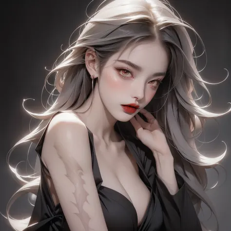 1 vampire girl, better_scar, veins, burn scar, scar on nose, white hair, long choppy hair, blunt bangs,, vampire, pale skin, lip...