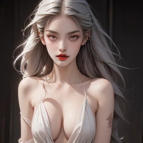 1 vampire girl, better_scar, veins, burn scar, scar on nose, white hair, long choppy hair, blunt bangs,, vampire, pale skin, lipstick, lips, red lips, big breasts,, fangs ((solo half body portrait) high quality ((HD)) beautiful, sexy