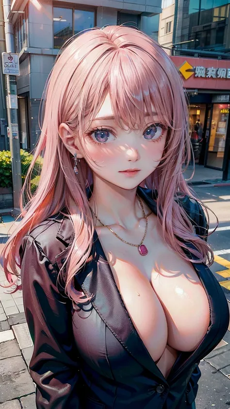 (Masterpiece, BestQuality:1.3), (ultra detailed:1.2), (hyperrealistic:1.3), (RAW photo:1.2), High detail RAW color photo, professional photograph, (Photorealistic:1.4), (realistic:1.4), (Pink Hair:1.5), professional lighting, perfect anatomy, (Big Breasts:...