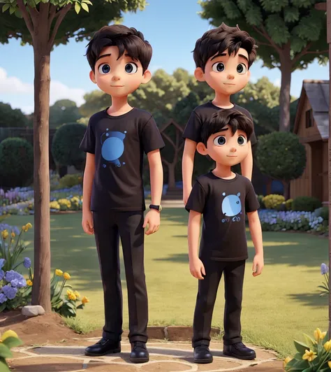 Two young boys  black T-shirt and second blue shirt stand in garden