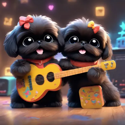 2 Adorable small happy black Shih Tzu puppies playing guitar Pixar 3D cartoon
