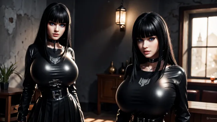 charlottefortnite, long hair, black_hair, bangs, blunt_bangs, red eyes, choker, red eyes, latex skirt, black_skirt, black latex shirt, belt, kneehighs, tattoo (masterpiece, HDR photo) BREAK droptop BREAK ((photorealistic), realistic face), big breasts, bea...