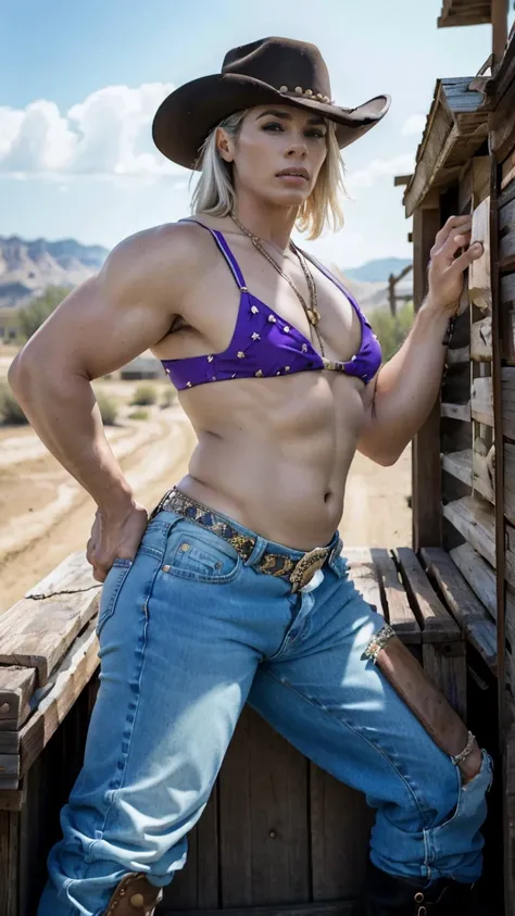 (1femboy chatting with elderly older bystanders), very very very beautiful femboy, femboy-cowgirl at wild west frontier, bikini top, flat chest:1.2, unbuttoned denim hotpants with bulge, cowboy boots, fullbody pose, cowboy shot, surrounded by wildwest fron...