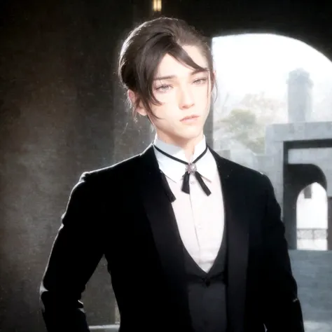 realistic image of a man in a tuxedo standing in a courtyard, beautiful androgynous prince, a delicate androgynous prince, hands...