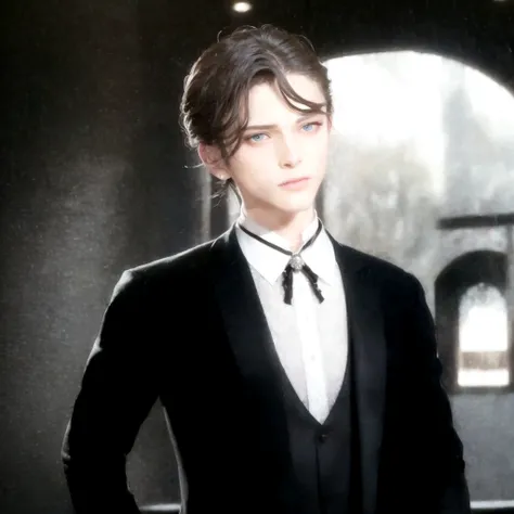 realistic image of a man in a tuxedo standing in a courtyard, beautiful androgynous prince, a delicate androgynous prince, hands...