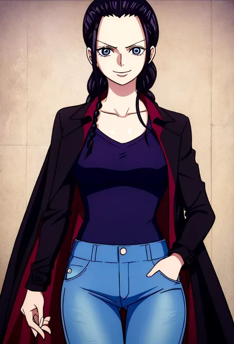 Nico robin, 1girl, solo, looking at viewer, cowboy shot, smiling, black hair, open hair, braided hair, pirate, blue cerulean eyes, one piece nico robin, blue full jeans, purple shirt, black open coat, luxury room background 