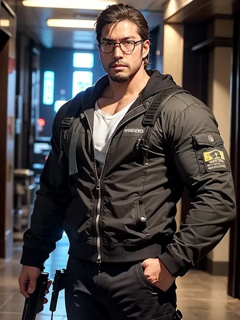 george pei, 1boy, solo, 40 years old male, mature male, masterpiece, round face, short beard, stumble, glasses, big chest, big abs, muscular, In the hallway there is a man in a mask and a gun, bank heist movie, stealth suit, 3 D rendered character art 8 K,...