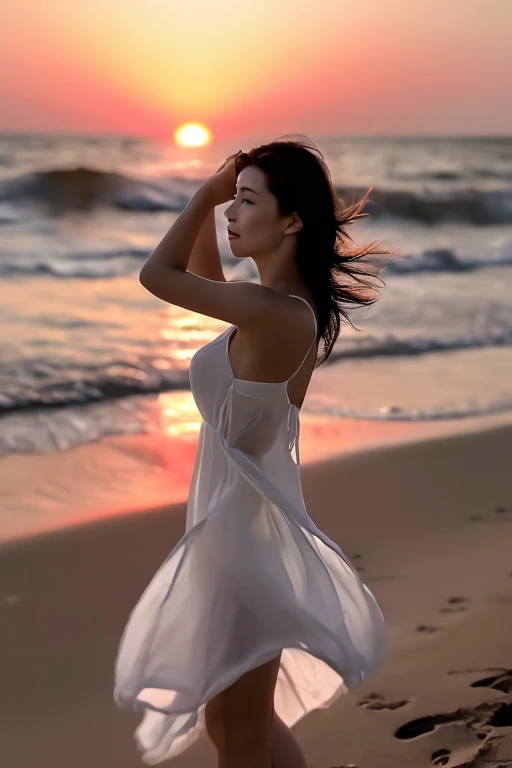 masterpiece, Highest quality, High resolution, Realistic, RAW Photos, 8k wallpaper, perfection, Professional Lighting, Outdoor, Very detailed, Written boundary depth,Beach、SansetBeach、sunset, ((One beautiful woman, Japanese Mature)), (48 years old)), Sexy ...