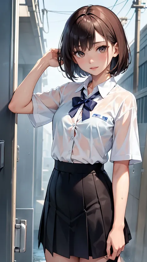 (One woman), short bob, 18 years old, Japanese, brown eyes, brown hair, slim figure, flat chest, high school girl, school summer uniform
Blake
Facial expression and background
Her whole body got wet from a sudden rain, and her blouse became transparent, gi...