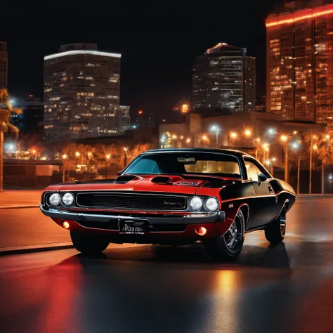 Cover of a book illustrating a black 1968 Dodge Challenger model car under the night and in the background a city illuminated by the lights of the buildings.

The neon color palette; red, negro, yellow, orange and white