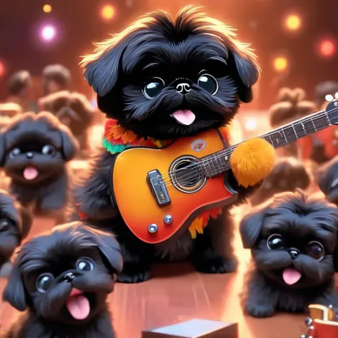 2 Adorable small happy black Shih Tzu puppies wearing sunglasses playing guitar on concert stage Pixar 3D cartoon
