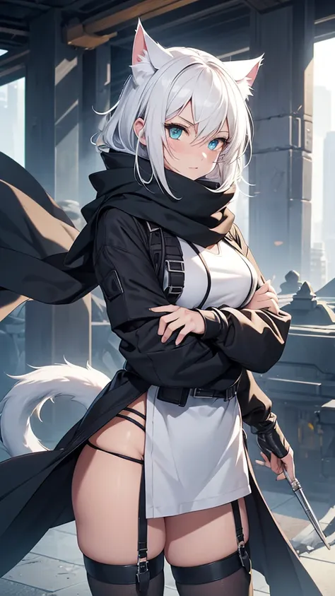 work of art, best qualityer, high resolution, 1 girl, synonym 1, scarf, mitts, ninja mask, long sleeves, short, White hair, white cat ears, white cat handle, roupas de rogue, thigh strap, holding, holding faca, ruins, heterochromia, yellow eye, blue eye, h...