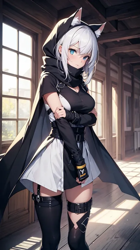 work of art, best qualityer, high resolution, 1 girl, synonym 1, scarf, mitts, ninja mask, long sleeves, short, White hair, white cat ears, white cat handle, roupas de rogue, thigh strap, holding, holding faca, ruins, heterochromia, yellow eye, blue eye, h...