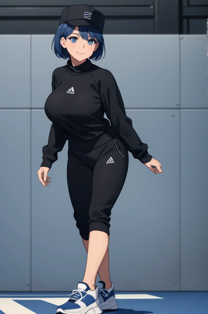 A woman wearing a black sweatshirt with blue details, black sports pants, sports sneakers, wearing a black cold cap, weak blue hair, short hair, blue eyes, smiling, big breasts, walking on a sports court, athletics floor, postured in a foot, winter backgro...