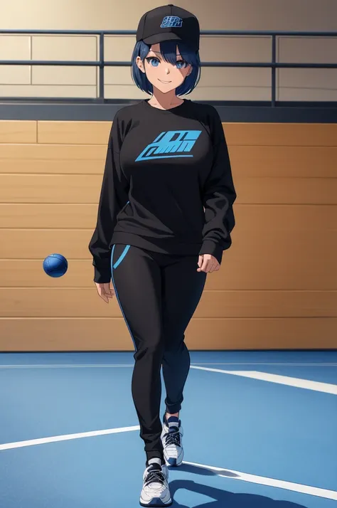 A woman wearing a black sweatshirt with blue details, black sports pants, sports sneakers, wearing a black cold cap, weak blue hair, short hair, blue eyes, smiling, big breasts, walking on a sports court, athletics floor, postured in a foot, winter backgro...