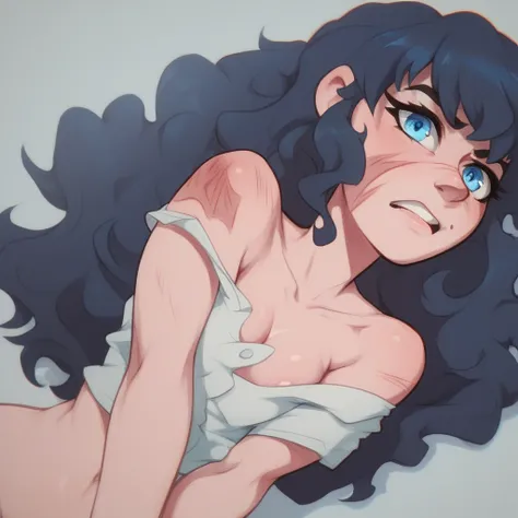 Ralph Bakshi Style, Curvy blue eyed girl with long wavy black hair and small breasts, (being beaten)3.0