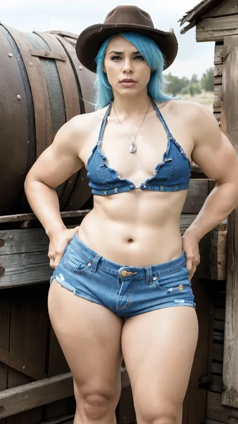 (1femboy chatting with elderly older bystanders), very very very beautiful femboy with girl-face, femboy-cowgirl at wild west frontier, bikini top, flat chest:1.2, (unbuttoned denim hotpants with bulge), cowboy boots, fullbody pose, cowboy shot, surrounded...