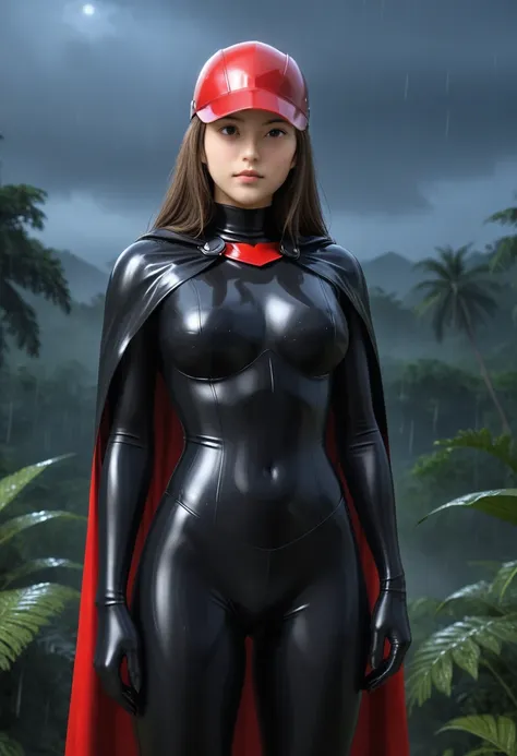 zPDXL, source_anime, BREAK Trilla, helmet with red visor, cape, armor,black gloves,tight bodysuit,black cape,black pants, BREAK close-up, solo, standing, front view, medium breasts, hands on hips, wide hips, BREAK x3dce, 3d, jungle background, dense vegeta...