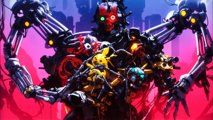 there is a robot with many arms and legs, holding a bunch of toys, Love death and Robots, anime robotics, mixed with organics, reypunk, Official work of art, cool composition, Neon punk, Love death + Robots, death and Robots, Colorful sci-fi steampunk, Cyb...