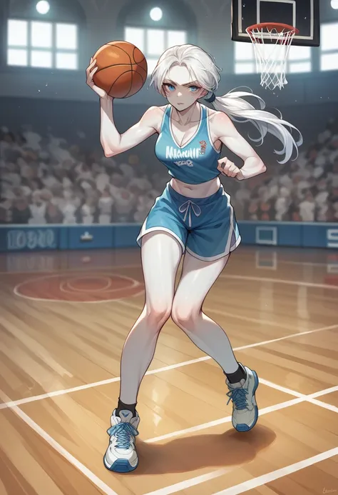 27 year old woman white hair blue eyes and white skin playing basketball full body