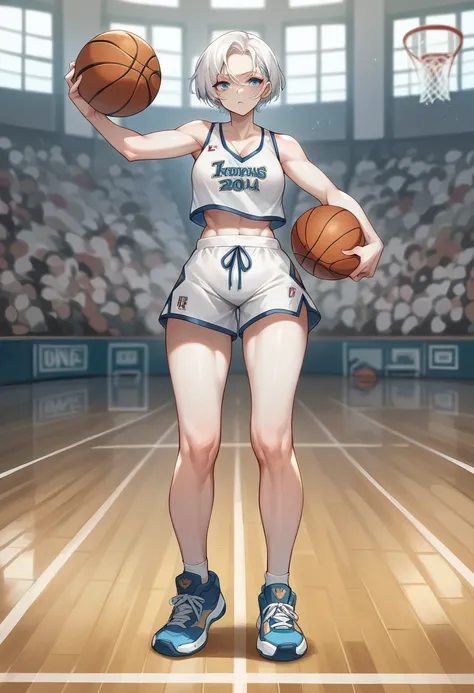 27 year old woman white hair blue eyes and white skin playing basketball full body