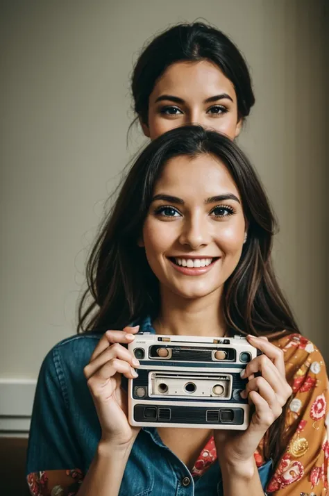 A woman holds a retro music cassette in her hands and puts it up to her eyes, covering them and showing her smile. 