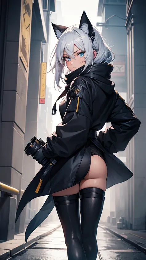 work of art, best qualityer, high resolution, 1 girl, synonym 1, scarf, mitts, ninja mask, long sleeves, leather pants, White hair, Cats ears, cat tail, roupas de rogue, thigh strap, holding, holding faca, ruins, heterochromia, yellow eye, blue eye, hooded...