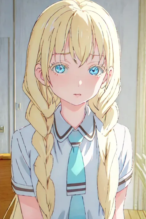 best quality, masterpiece, highres, solo, {olivia_asobiasobase:1.15}, blonde_hair, long_hair, blue_eyes, necktie, indoors