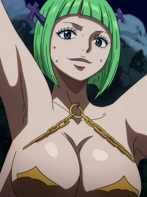 Best quality, masterpiece, ultra high res, 1girl, sexy, in the dark, deep shadow, low key, cold light, milf, green short hair, dynamic light, cinematic lighting, cinematic lighting, down blouse, mature woman, middle parted hair, bikini, gold chain,natural ...