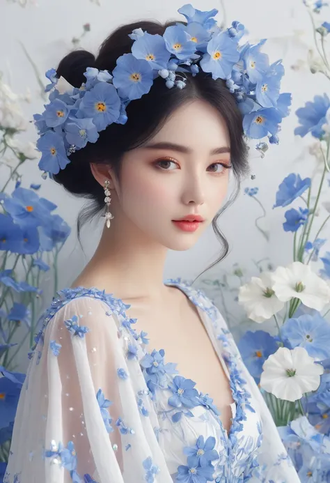 feminine,High detail and quality、8K Ultra HD、3d、Beautiful woman,Fuller liporning、Nemophila,Fashion magazine cover,Seamless patterns、Neutral pastel colors,Mysterious off-white world,Cloth Art、Art Station、A variety of detailed pastel designs combining magic ...