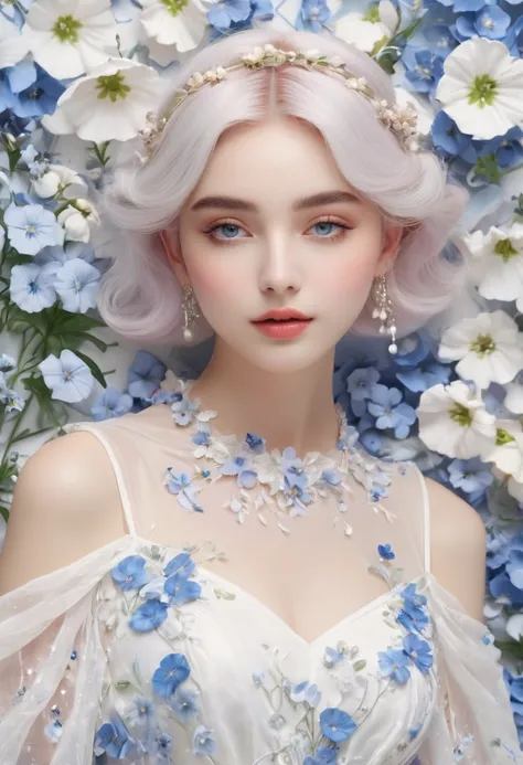 feminine,High detail and quality、8K Ultra HD、3d、Beautiful woman,Fuller liporning、Nemophila,Fashion magazine cover,Seamless patterns、Neutral pastel colors,Mysterious off-white world,Cloth Art、Art Station、A variety of detailed pastel designs combining magic ...