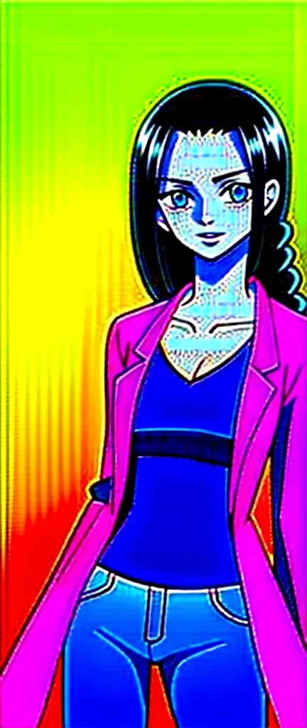 Nico robin, 1girl, solo, looking at viewer, cowboy shot, smiling, black hair, open hair, braided hair, pirate, blue cerulean eyes, one piece nico robin, blue full jeans, purple shirt, black open coat, sea background, golden