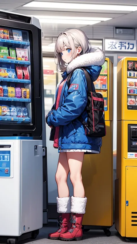 . A young woman wearing bright ski wear and sheepskin boots、With hairsprayed、Standing in front of a One Cup Ozeki vending machine。In the background, someone is using an early computer to communicate with the computer.。