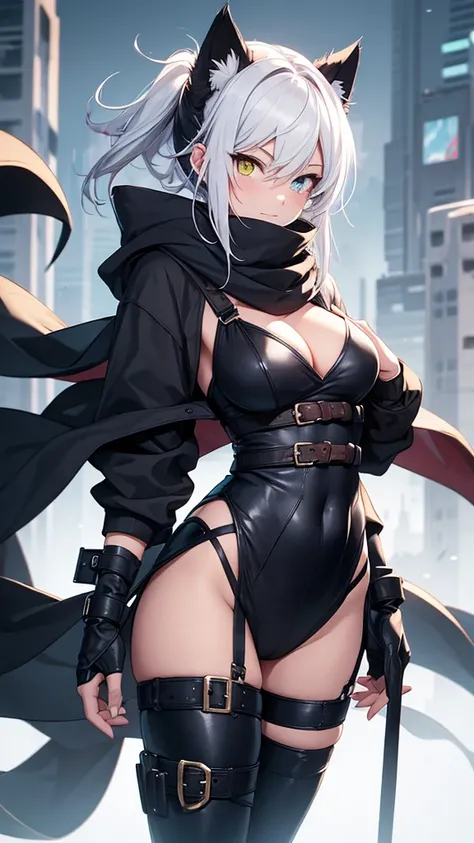 work of art, best qualityer, high resolution, 1 girl, synonym 1, scarf, mitts, ninja mask, long sleeves, leather pants, White hair, Cats ears, cat tail, roupas de rogue, leather pants, thigh strap, holding, holding faca, heterochromia, yellow eye, blue eye...